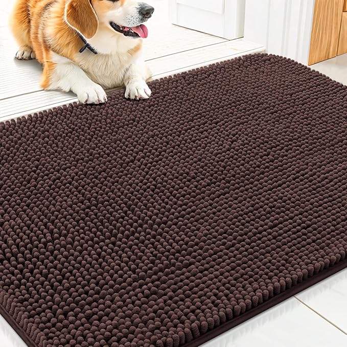 Smiry Dog Door Mat for Muddy Paws 30x17, Absorbent Dirt Trapper, Non-Slip Washable Chenille Entryway Rug for Inside Floor, Brown, Classic Solid