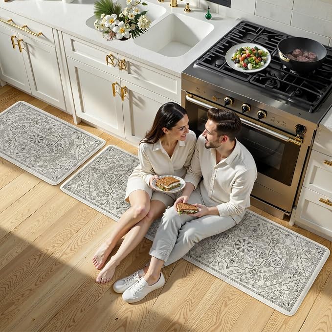 KIMODE Anti Fatigue Kitchen Mats for Floor 2 Piece, Cushioned Boho Distressed Kitchen Rugs, Memory Foam Kitchen Floor Mats, Summer Standing Desk Mats for Laundry Office Sink Grey 20"x59"+20"x32"