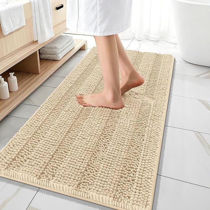 OLANLY Thick Bathroom Runner Rugs 47x20, Extra Absorbent Chenille Striped Bath Rugs, Rubber Backing, Machine Wash Dry, Long Bath Mats for Bathroom Floor, Tub and Shower, Home Decor Accessories, Beige
