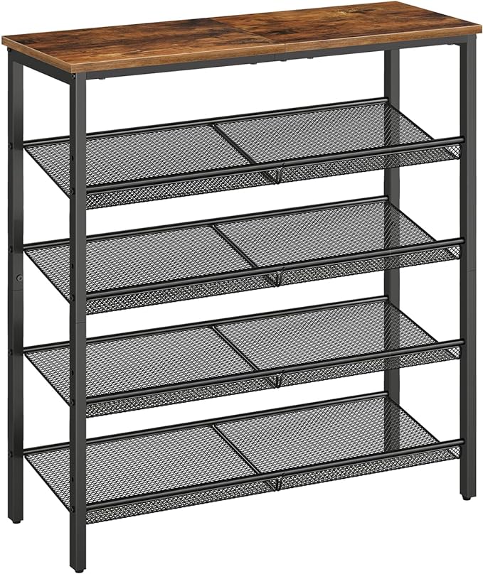 HOOBRO Shoe Rack for Entryway, 5-Tier Shoe Organizer with Adjustable Mesh Shelves, 16-20 Pairs of Shoes, Spacious Floor Mount, Metal, Industrial, Shoe Shelf for Closet, Rustic Brown BF12XJ01