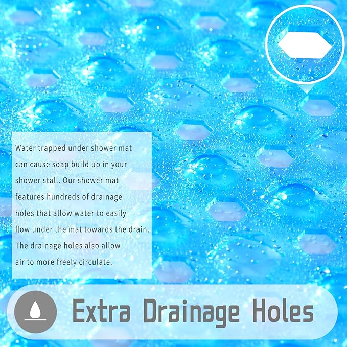 Yimobra Square Shower Floor Mat Non Slip, 21"X21" Machine Washable Bath Tub Mat, Soft on Feet, Bathmat with Drain Holes and Suction Cups, Fast Draining, Clear Blue