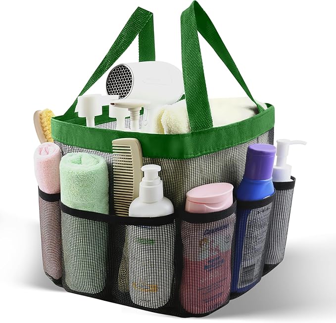 Mesh Shower Caddy Portable, Shower Tote Bag for Dorm Room Essentials, 8 Pockets Large Shower Basket for College Gym Beach Camping (1, Green)