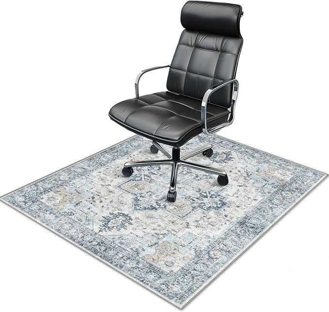 48"x48" Office Chair Mat for Hardwood Tile Floor, Under Desk Carpet Protector for Rolling Computer Chair Mat, Machine Washable Round Area Rug, Anti-Slip 1/5" Thick Low Pile Thin Floor Mat, Blue