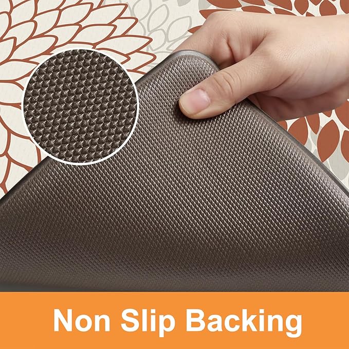 KIMODE Kitchen Mats for Floor Anti Fatigue, 17"x47"+17"x29" Dahlia Floral Kitchen Floor Mats,Farmhouse Kitchen Rugs Non Slip Cushioned, Comfort Standing Desk Mat for Sink, Laundry, Desk Orange