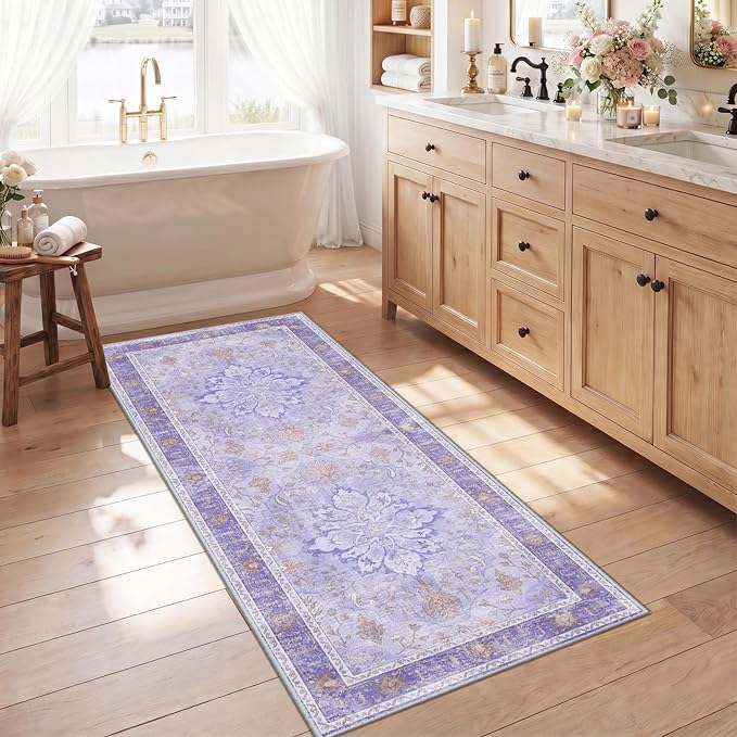 RELEANY Area Rugs Runner 2'6"x5' Washable Non-Slip, Floral Vintage Distress Medallion Carpet for Kitchen Hallway Bedroom Beside Laundry Room Bathroom, Light Purple Brown