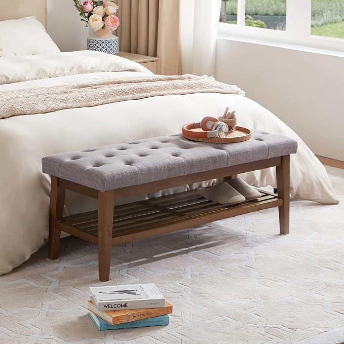 HUIMO Entryway Shoe Bench, End of Bed Bench,Upholstered Button-Tufted Bench for Kitchen, Fabric Ottoman Bench for Living Room, Padded Bench with Solid Wood Shelf,Grey
