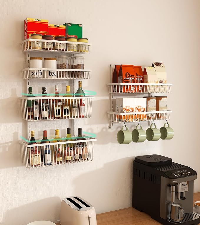 Mefirt Over The Door Pantry Organizer, Pantry Organization and Storage, 6-Tier Deep Baskets Hanging Heavy-Duty Metal, Wall Spice Rack Seasoning Shelves for Home & Kitchen, Laundry Room Bathroom, White