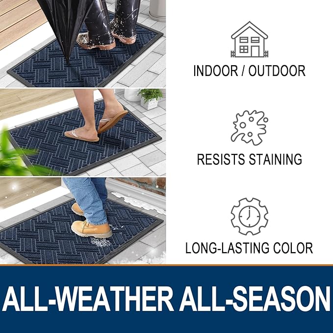 OLANLY Indoor Outdoor Mat, Sturdy Natural Rubber Floor Mat, Non Slip Low Profile Waterproof Doormat, and Stain Front Door Mats, Easy Clean Patio Entrance Mat, 36''x24'', Navy