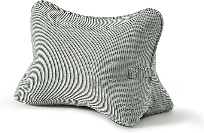 Pat. Pend. Corduroy Lumbar Support Back Pillow for Sitting Up & Reading, Ergonomic Triangle Back Support Cushion for Sofa, Armchair & Bed, Removable Washable Cover, Grey Green