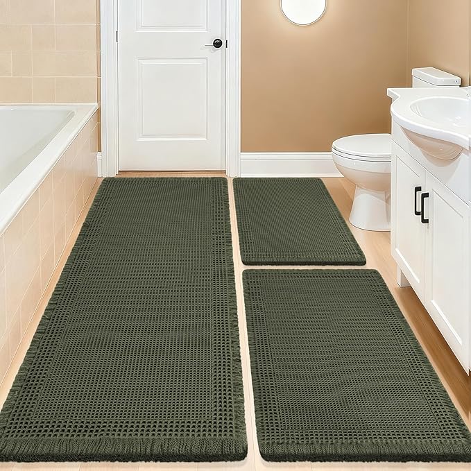 Waffle Bath Mat Set 3 Piece, Boho Woven Modern Bath Rug Absorbent Non Slip, Soft Bathroom Mats, Machine Washable Knit Bath Rugs with Border for Bathroom, Bedroom, Kitchen, Shower, Tub, Dark Green