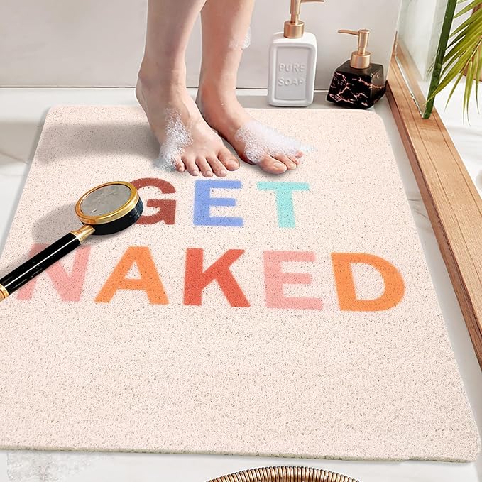 Get Naked Square Shower Mat, Non Slip Bath Mat Quick Drying Bathmat Easy Cleaning Shower Matt for Bathroom Floor, Cute Fun Bath Mats Textured Surface Shower Foot Scrubber Mat, 24″X24″
