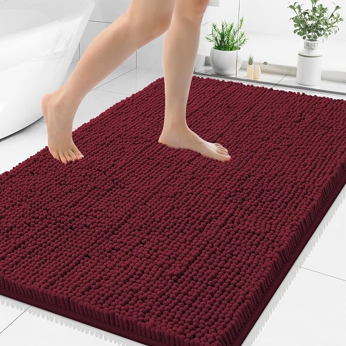 Smiry Luxury Chenille Bathroom Rugs 40x32, Extra Soft and Absorbent Shaggy Bath Mat, Machine Washable, Non-Slip Plush Carpet Runner for Tub, Shower, and Floor, Home Decor Accessories, Burgundy