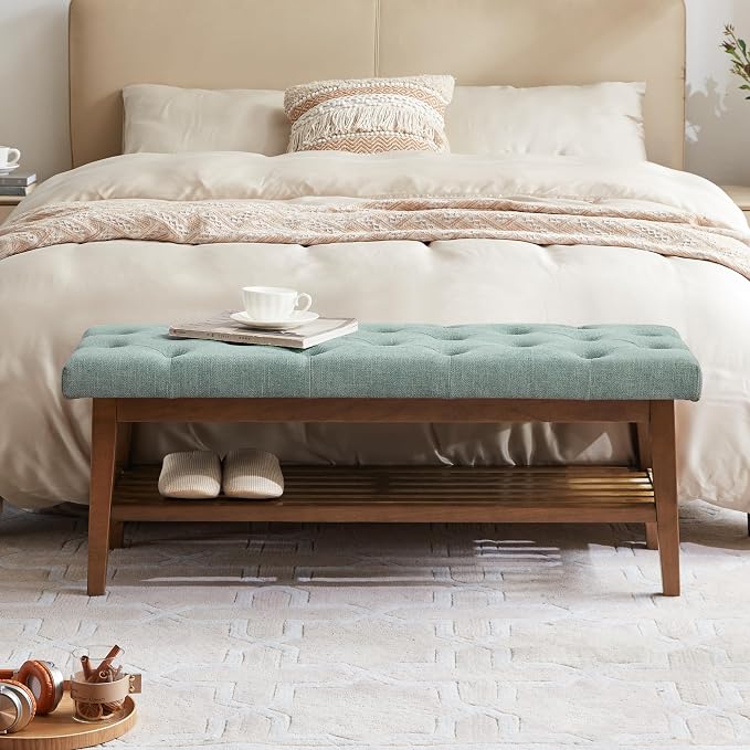 HUIMO Entryway Shoe Bench, End of Bed Bench,Upholstered Button-Tufted Bench for Kitchen, Fabric Ottoman Bench for Living Room, Padded Bench with Solid Wood Shelf,Teal