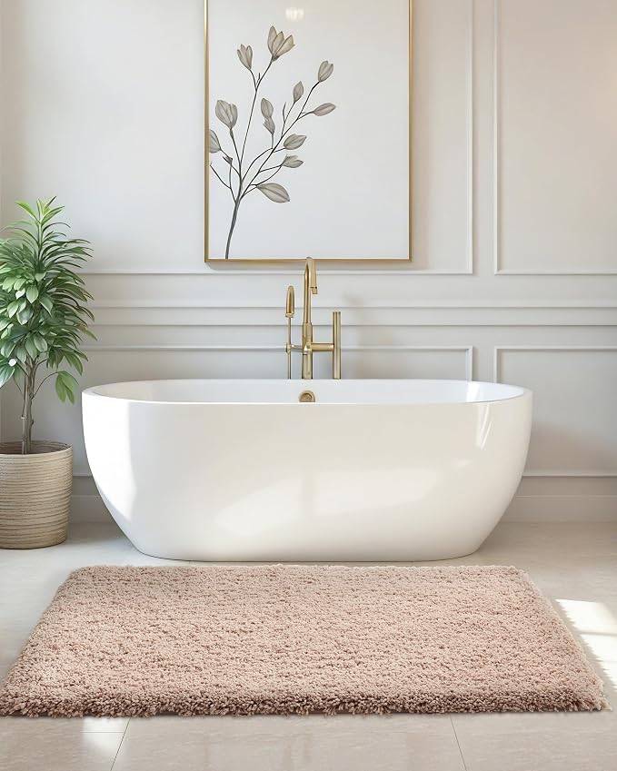 ILANGO Beige Bathroom Rugs 24" × 17" Small Non Slip & Super Absorbent Extra Thick Soft, Washable Bath Mat for Floor, Microfiber Plush Shaggy Bath Rug with Rubber for Bathtub Shower Room Sink