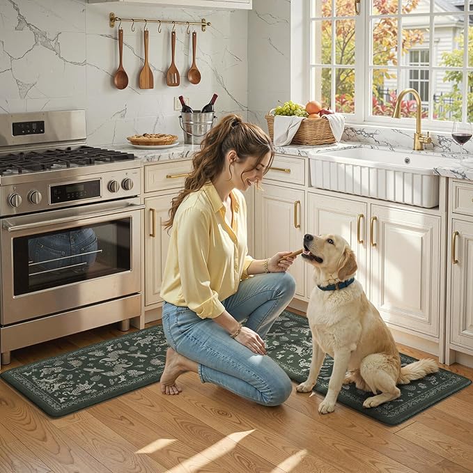 LEEVAN Anti Fatigue Mats for Kitchen Floor Non-Slip, Cushioned Kitchen Mats for Floor 2 Piece, Dark Green Memory Foam Kitchen Mat Set, Waterproof Ergonomic Standing Mat for Bar, Office,Desk, Laundry
