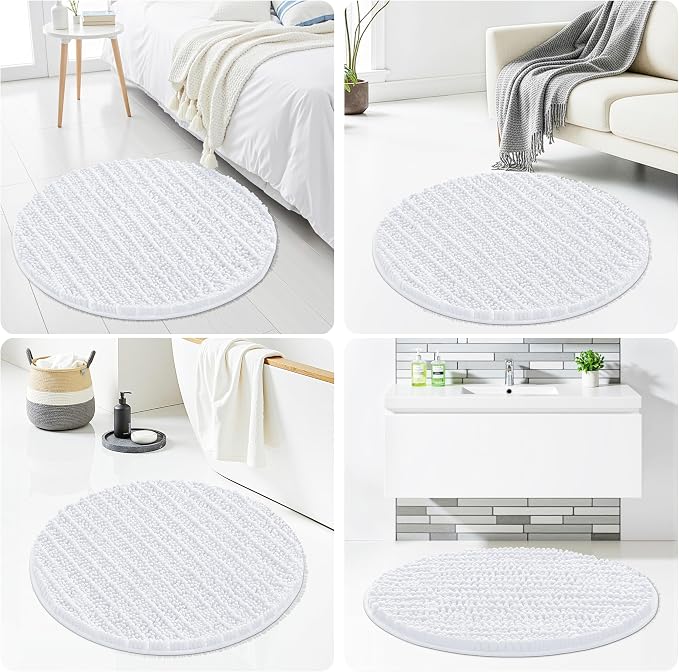 Smiry Bathroom Rugs Mat Round 24x24, Soft Absorbent Chenille Bath Rugs, Non Slip Rubber Backing Machine Washable Quick Dry Bath Mats for Bathroom Floor, Tub, Shower, Home Accessories, White