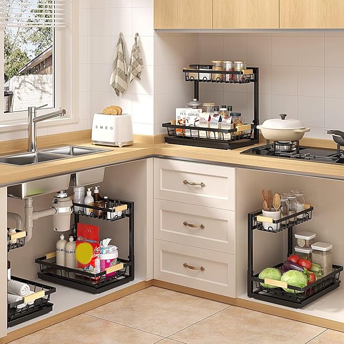 Sevenblue 2 Packs Under Sink Organizer, Height Adjustable 2 Tier Under Kitchen Sink Organizer, Multi-Purpose Storage Shelf for Kitchen Bathroom Cabinet (Black, Extra Large)