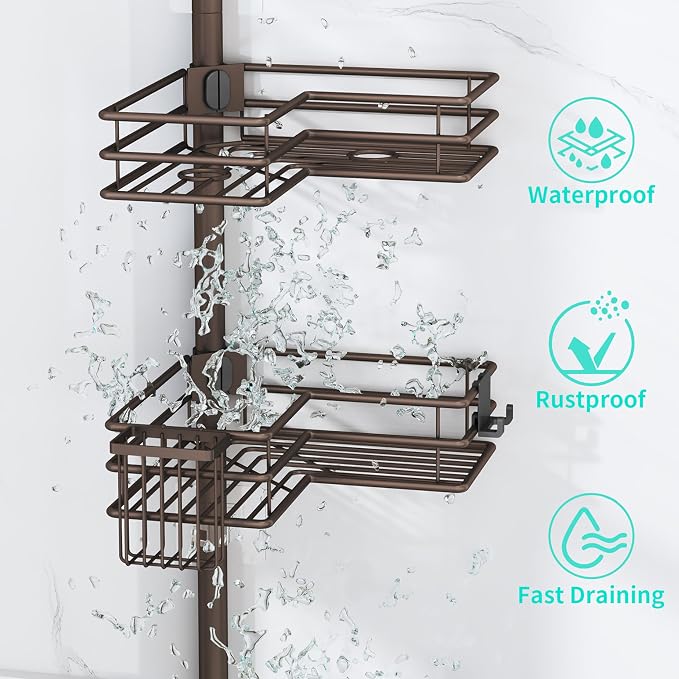 HapiRm Corner Shower Caddy Organizer - Shower Organizer Corner with Soap Holder, Toothbrush Holder and 4 Hooks, Rustproof Bathroom Shelf Tension Pole Available for 27.6 to 108.3 Inch - Bronze