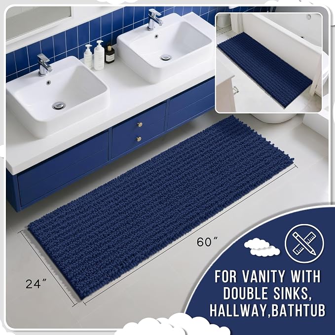Yimobra Bathroom Runner Rug 60x24 Inch - Extra Long Non Slip Chenille Bath Mat, Soft & Absorbent, Machine Washable Shaggy Hallway Carpet for Vanity Tub Shower, Navy Blue Home Decor Accessories