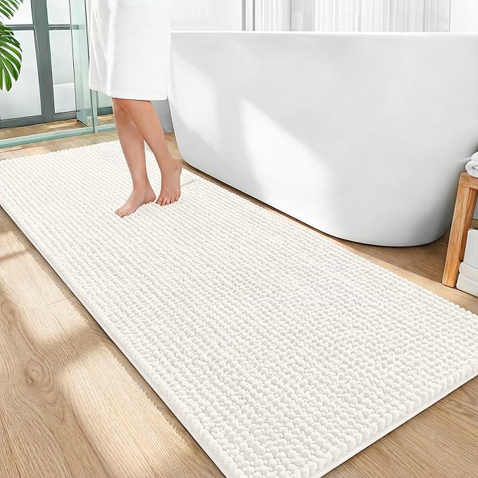 OLANLY Thick Bathroom Runner Rugs 59x24, Extra Soft Absorbent Chenille Bath Rugs, Rubber Backing, Machine Wash Dry, Long Bath Mats for Bathroom Floor, Tub and Shower, Home Decor Accessories, Ivory