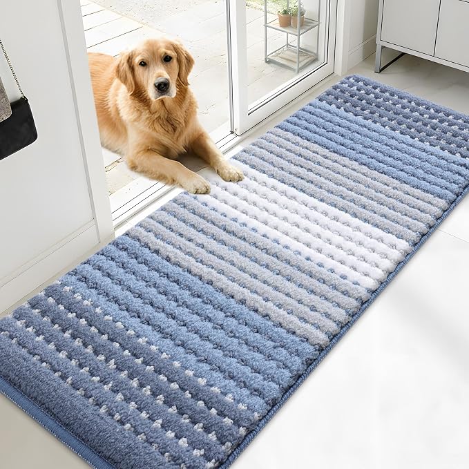 Kitinjoy Indoor Outdoor Door Mat, 71x24 Non-Slip Absorbent Dirt Trapper, Low-Profile Washable Inside Entrance Front Floor Mat, Sturdy Soft Entry Dotted Ombre Doormats for Entryway, Light Blue