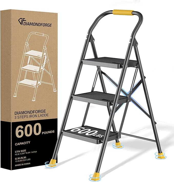 DIAMONDFORGE 3 Step Ladder Foldable Folding Stool - for Home Adults Kitchen, Iron, Black, Extension Tall Heavy Duty with Handrails - Closet Stepstool Extendable Stepladder for Indoor House 600 lbs