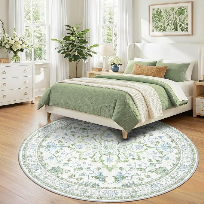 RELEANY Area Rugs Round 8ft Washable Non-Slip, Floral Vintage Distress Medallion Carpet for Living Room Bedroom Dining Room, Green White Blue