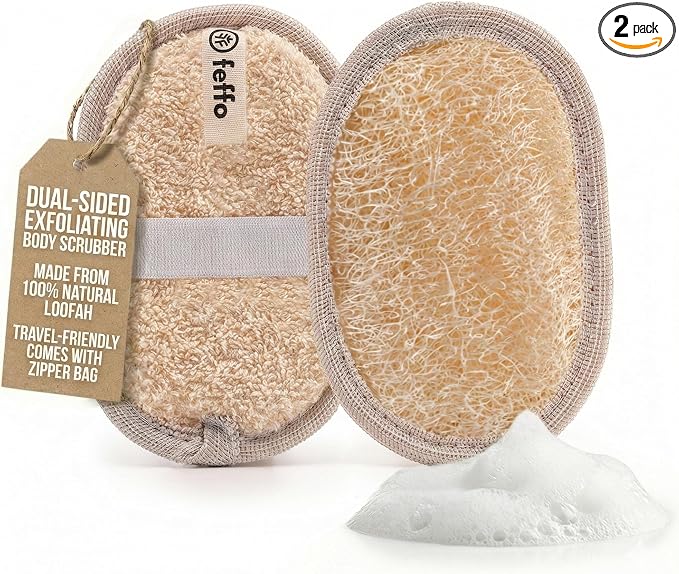 Natural Loofah Sponge for Body Scrub, Exfoliating Body Scrubber & Loofah with Handle, Exfoliating Pads, Loofah for Women, Men & Kids (2 Count - 1 Pack, Oval)