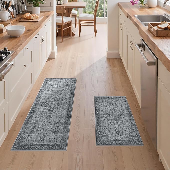 GENIMO Kitchen Rugs Non Slip Washable, 2PCS Kitchen Mats for Floor, Cushioned Standing Mat, Kitchen Runner Rug Floor Mat for Kitchen Decor, Laundry, Sink, Home, 20"x32"+20"x48", Vintage Grey