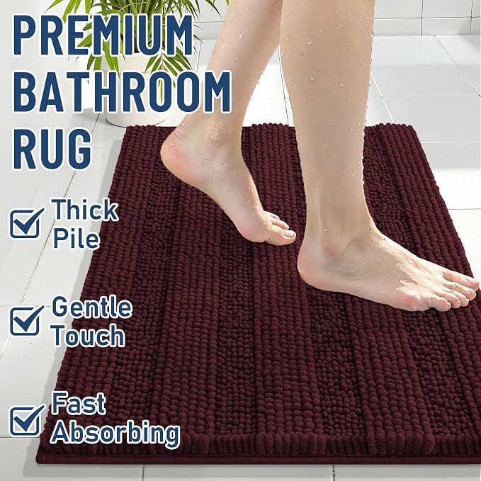 Grandaily Chenille Striped Bathroom Rugs 30x20, Extra Thick and Soft Absorbent Bath Mats, Rubber Backing, Plush Shaggy Shower Carpet, Machine Wash Dry, Bath Rug for Bathroom, Black Cherry