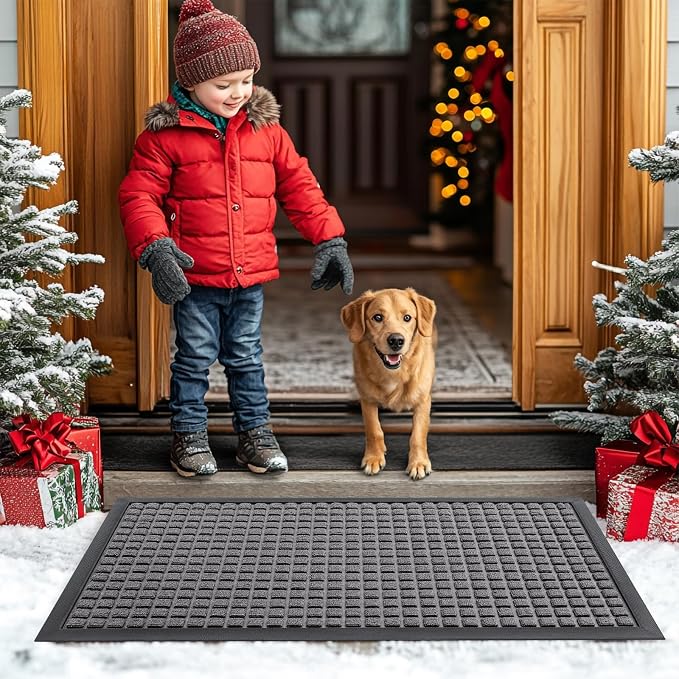 Smiry Front Door Mat Outside Entrance, Heavy Duty Natural Rubber Doormat, Non Slip, Trap Dirt and Moisture, Easy Clean, Low Profile Welcome Floor Mats for Indoor Outdoor Entry, 59x34 Inch, Mix Grey