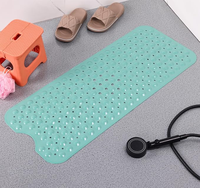 Anti-Slip Bathtub Shower mat, 40×16 inch（ 100 × 40cm） Soft Oversized Machine Washable Non-Slip Bathtub mat with Drainage Holes, Bathroom Floor Suction Cup.（1-Turquoise Green）
