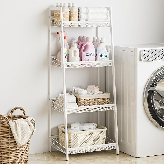 Masupu 4 Tier Bathroom Shelf, Bathroom Organizer and Storage for Small Space, Free-Standing Metal Rack Shelves Waterproof for Kitchen, Bathroom, Laundry, Toilet, White
