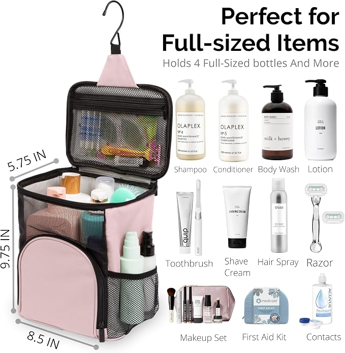 TERRA HOME College Dorm Room Essentials for Girls - Original Shower Caddy Dorm - Portable, Durable, Roomy, Foldable Water Resistant Shower Bag in Light Pink with Metal Hook for Hanging (Blush Pink)