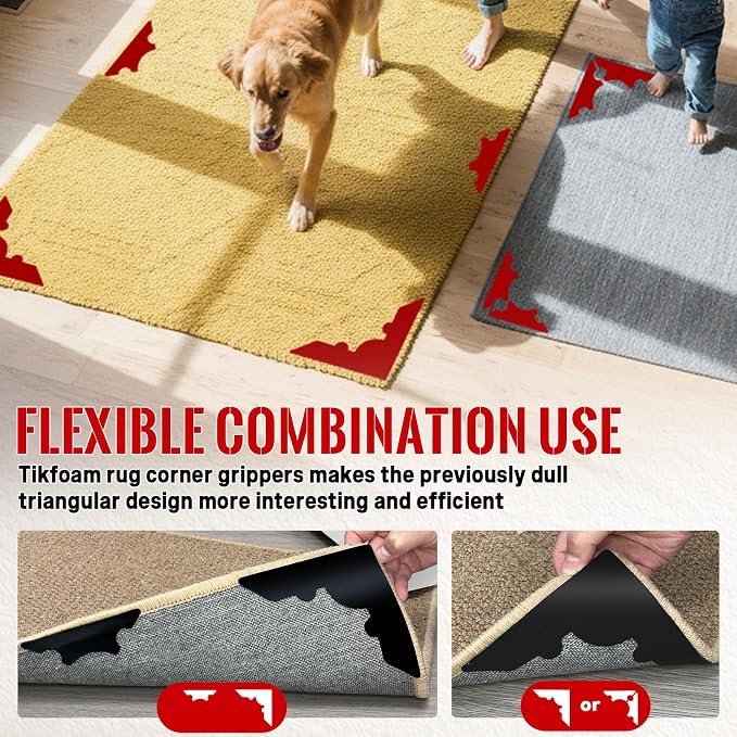 Rug Non Slip Grippers, Reusable Rug Tape, No Damaging for Floor, Carpet Corner Stickers for Hardwood Floors and Tiles, Strong Hold Carpet Gripper for Area Rugs, 24Pcs