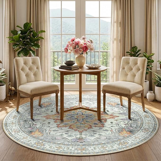 RELEANY Area Rugs Round 5ft Washable Non-Slip, Floral Vintage Distress Medallion Carpet for Living Room Bedroom Dining Room, Beige Carbon Grey Orange