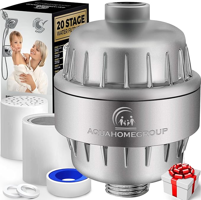 AquaHomeGroup 20 Stage Shower Filter with Vitamin C and E - Reduces Chlorine, Heavy Metals and Sediment - 2 Cartridges Included - High Pressure - Matte Chrome