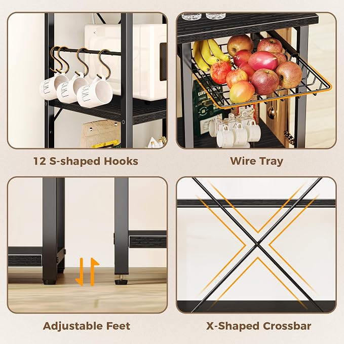 SUPERJARE Larger Bakers Rack with Power Outlets, 6-Tier Microwave Stand, Coffee Bar with 12 S-Shaped Hooks, Kitchen Shelf with Wire Basket, 47.2 x 15.5X 66.9 Inches, Black