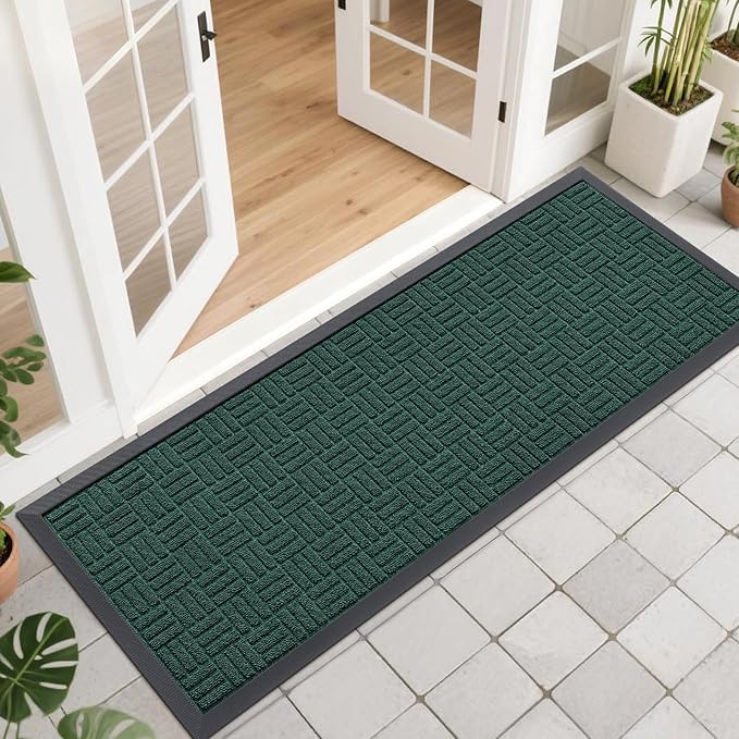 OLANLY Front Door Mat Outside Entrance 47x17, Absorbent, Heavy Duty Sturdy Natural Rubber Doormat Indoor Outdoor, Non-Slip, Stain and Fade Resistant, Low Profile Floor Mat for Entryway, Black Green