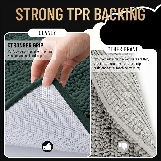 OLANLY Thick Bathroom Rugs 30x20, Extra Absorbent Chenille Striped Bath Rugs, Rubber Backing, Machine Wash Dry, Bath Mats for Bathroom Floor, Tub and Shower, Home Decor Accessories, Blackish Green