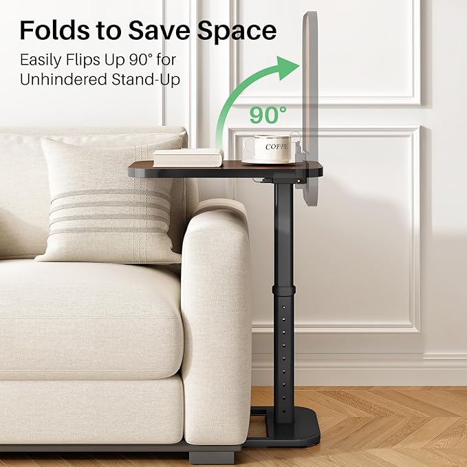 Kitstorack Upgraded TV Tray Table with Panel Lock, 90° Flip-Over Design & Adjustable Height, Sofa Arm Side Table for Eating, Laptop, Couch, Bed, or Small Spaces, Espresso