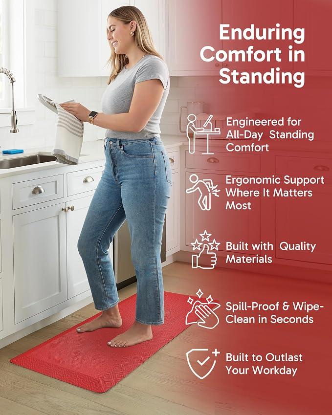 Ophanie Kitchen mats for Floor, 3/4 inch Thick, Kitchen Rugs, 20''x39'' Anti Fatigue Standing Cushioned Mat, Waterproof,Comfort Ergonomic mat for Office, Home, Sink, Red Non-Slip Bottom