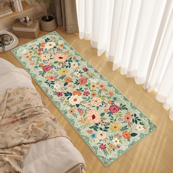 DUKINO 2x10 Kitchen Runner Rug for Hallway, Washable Runner Rug with Non Slip Backing, Low Pile Soft Boho Floral Carpet for Kitchen, Hallway, Entryway, Laundry, Bedroom, Green