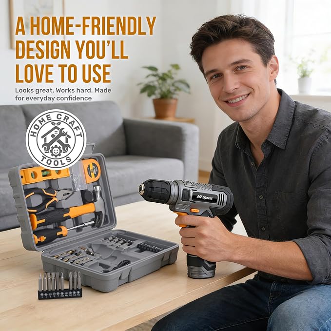 Hi-Spec 8V Cordless Drill Set & Home Tool Kit – USB Rechargeable Electric Power Drill Driver, Compact Tool Set with Essential Accessories, Gray, Perfect for DIY Repair, Maintenance, and Projects