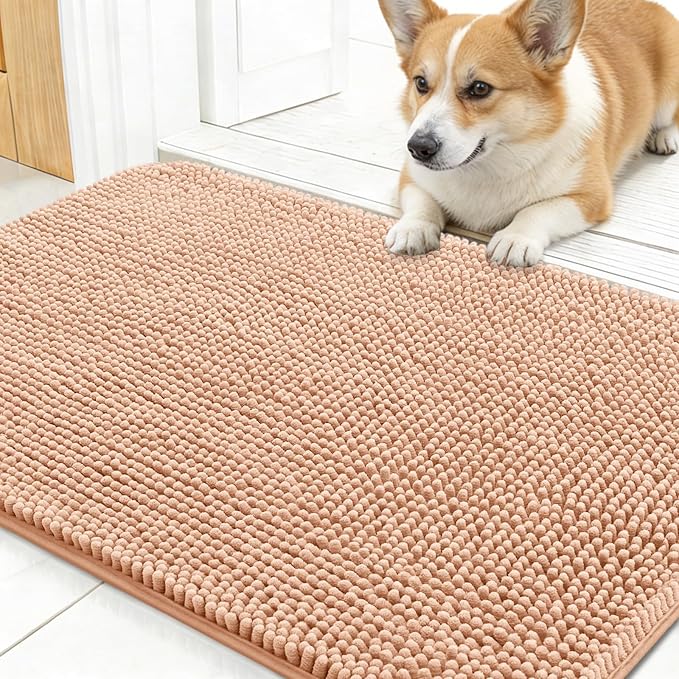 OLANLY Dog Door Mat for Muddy Paws 24x16, Absorbs Moisture and Dirt, Absorbent Non-Slip Washable Doormat, Quick Dry Chenille Mud Mat for Dogs, Entry Indoor Entryway Carpet for Inside Floor, Peach