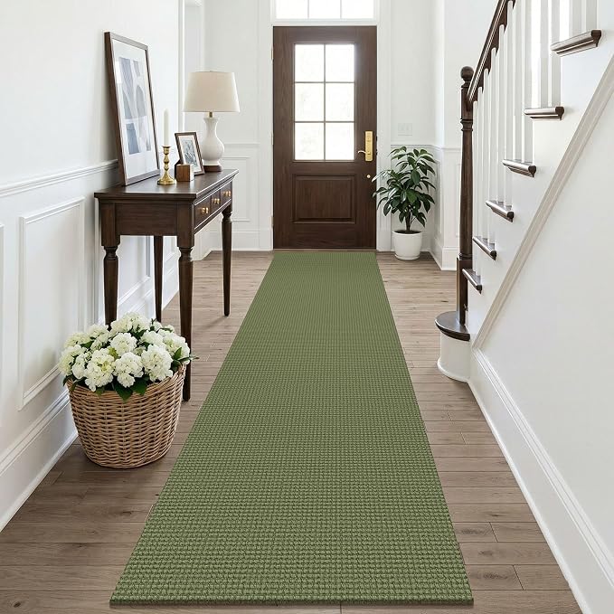 KOZYFLY Cotton Runners Rugs for Hallway 2.5'x10', Washable Runner Rug, Woven Non Slip Kitchen Runner, Braided Entryway Rug, Floor Carpet for Entry, Aisle, Hall, Olive Green/Earthy Green