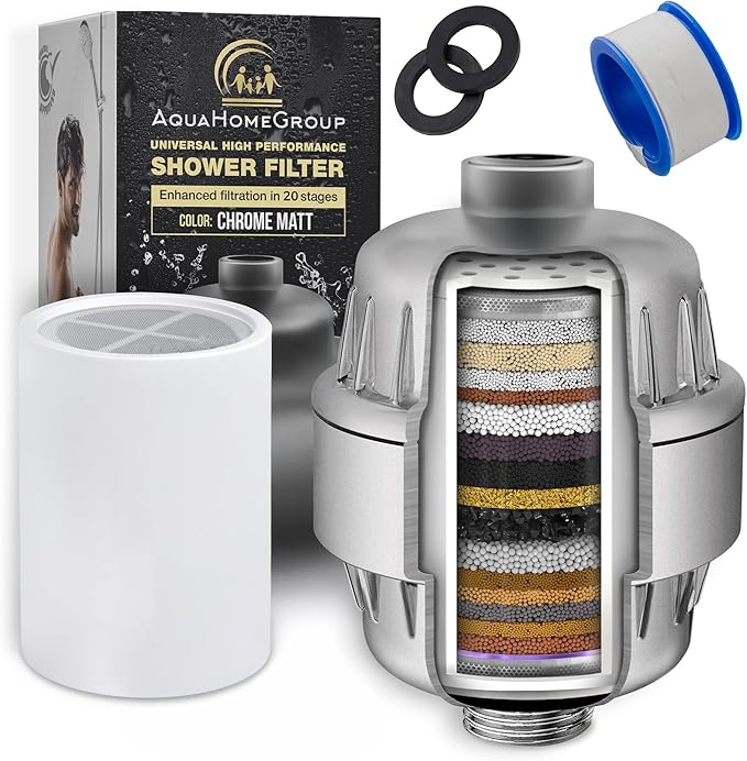 AquaHomeGroup 20 Stage Shower Filter with Vitamin C and E - Reduces Chlorine, Heavy Metals and Sediment - 2 Cartridges Included - High Pressure - Matte Chrome