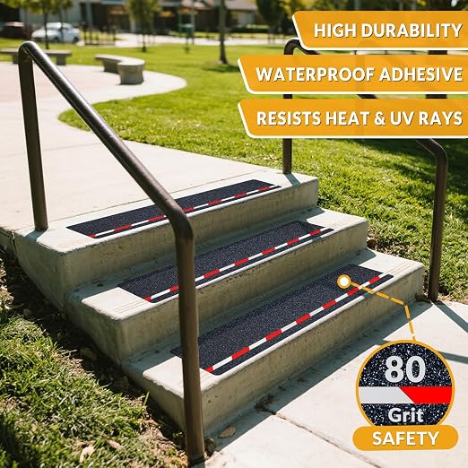 LifeGrip Anti Slip Stair Treads with Reflective Stripe (10-Pack), 6" X 28", Ourdoor Grip Tape Non Slip, Waterproof Safety Non Skid Tape, High Traction Friction Abrasive Adhesive for Step, Red/White