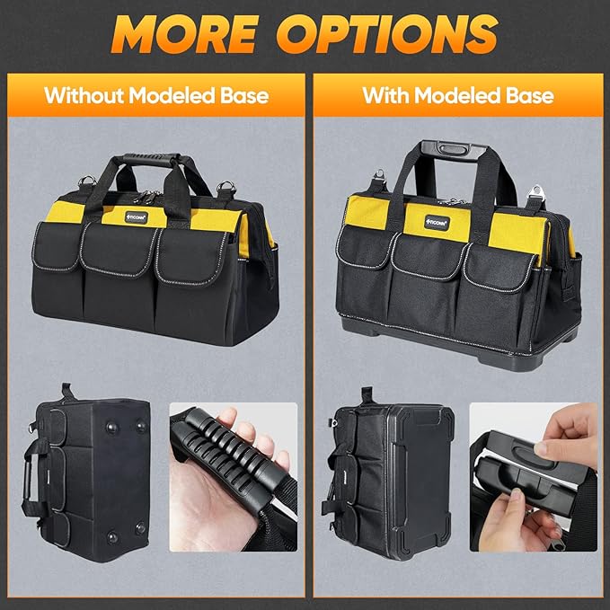 TICONN Tool Bag with Multi-Pockets Wide Mouth Tool Tote with Safety Reflective Straps, Adjustable Shoulder Strap and Ergonomic Handle (Yellow, 16" Standard Base)