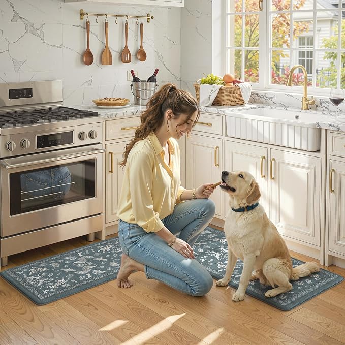LEEVAN Anti Fatigue Mats for Kitchen Floor Non-Slip, Cushioned Kitchen Mats for Floor 2 Piece, Blue Memory Foam Kitchen Mat Set, Waterproof Ergonomic Standing Mat for Bar, Office,Desk, Laundry